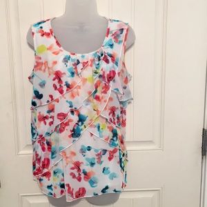 Floral Blouse With Ruffles, Sleeveless